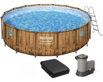 Frame Pool Bestway Holz 56725 (488x122 cm) mit Kartuschenfilter, Leiter und Markise